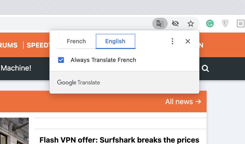 Chrome's translation prompt.
