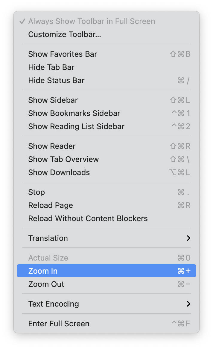 Safari's page zoom adjustment settings.