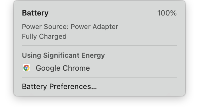 macOS excessive battery indicator suggesting Chrome is using significant energy.
