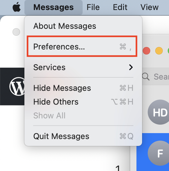 Accessing Messages Preferences on macOS Monterey via the Menu bar.
