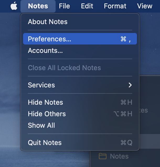 Notes App Preferences Menu