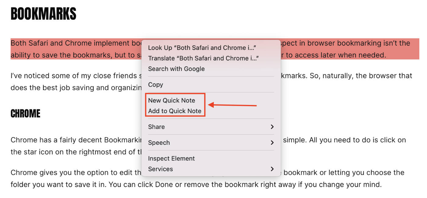 Quick Note highlighted link options.