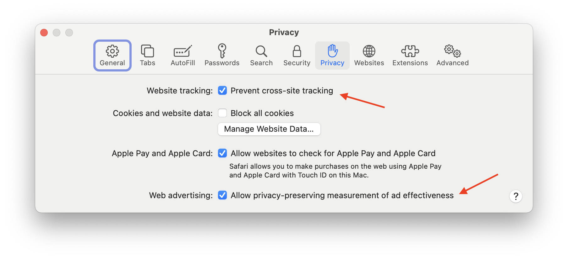 Safari's cross-site tracking prevention toggle.