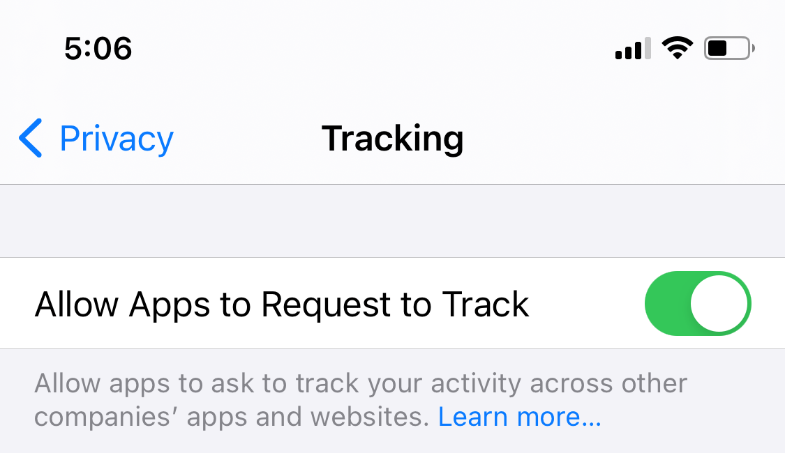 "Allow Apps to Request to Track" toggle enabled.