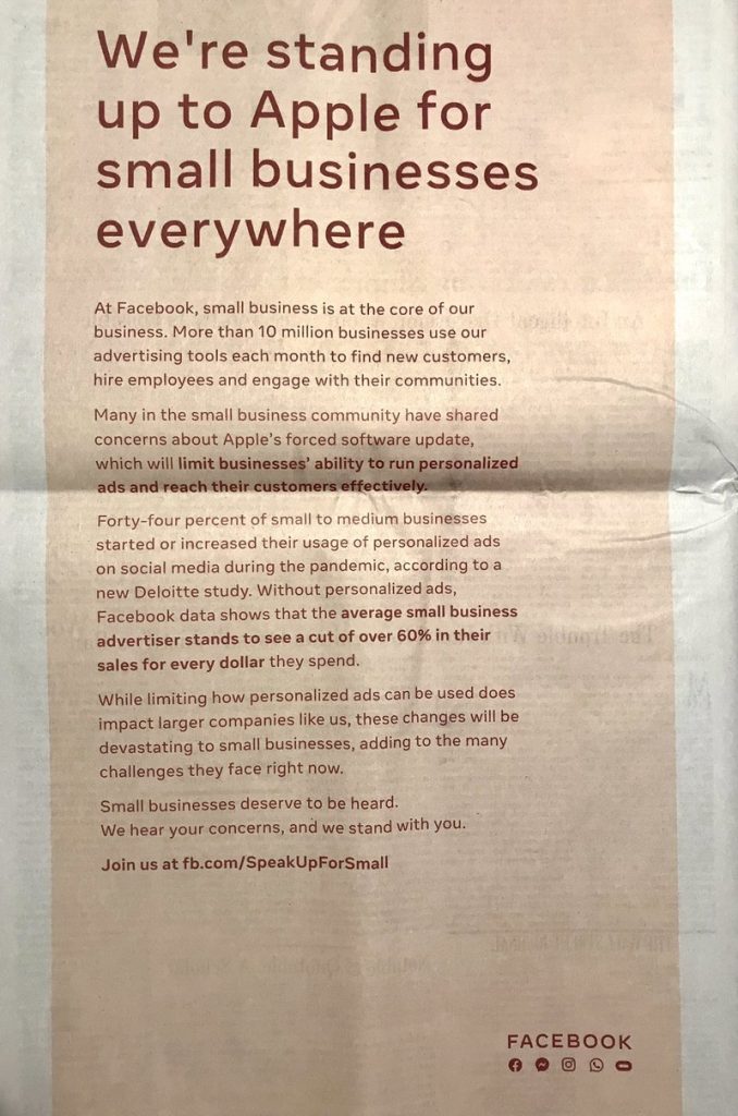 Facebook's full-page newspaper ads criticizing Apple's App Tracking Transparency features in iOS 14.