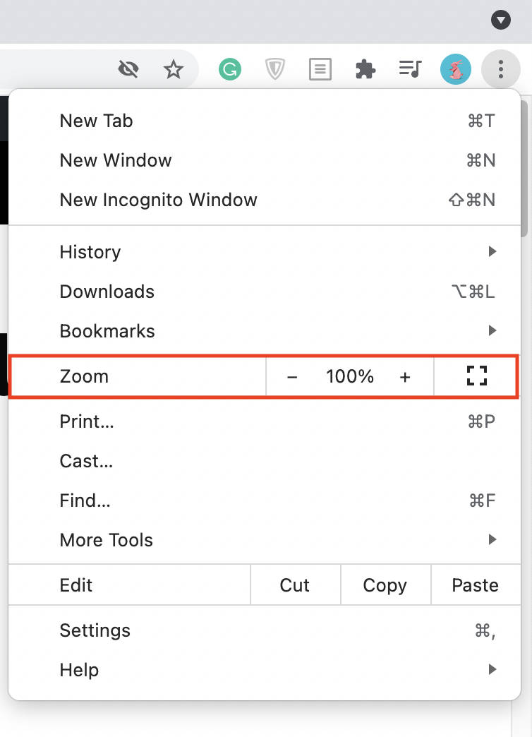 Chrome's Page Zoom adjustment settings.