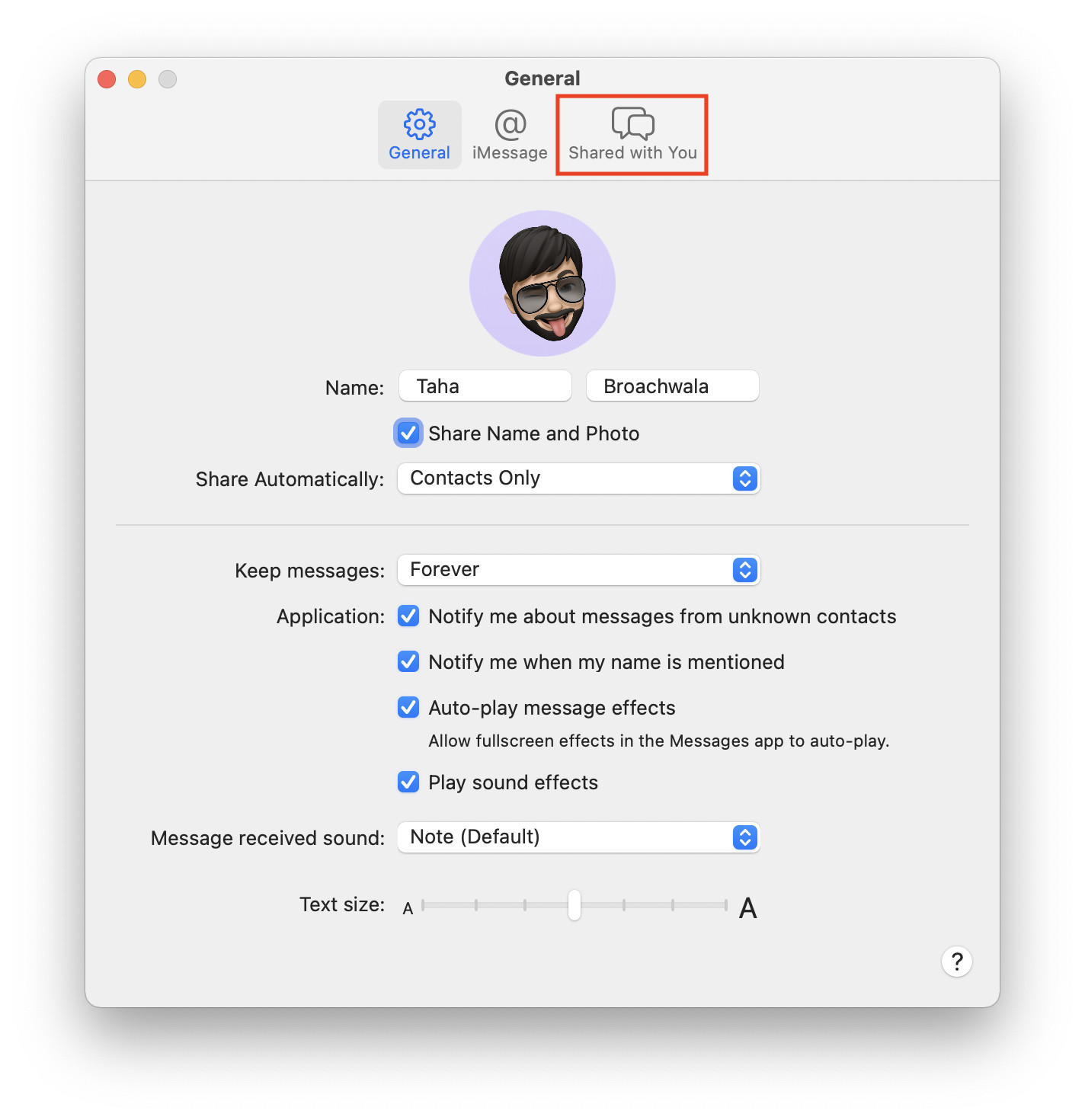 Shared With You Tab in Messages Preferences in macOS Monterey