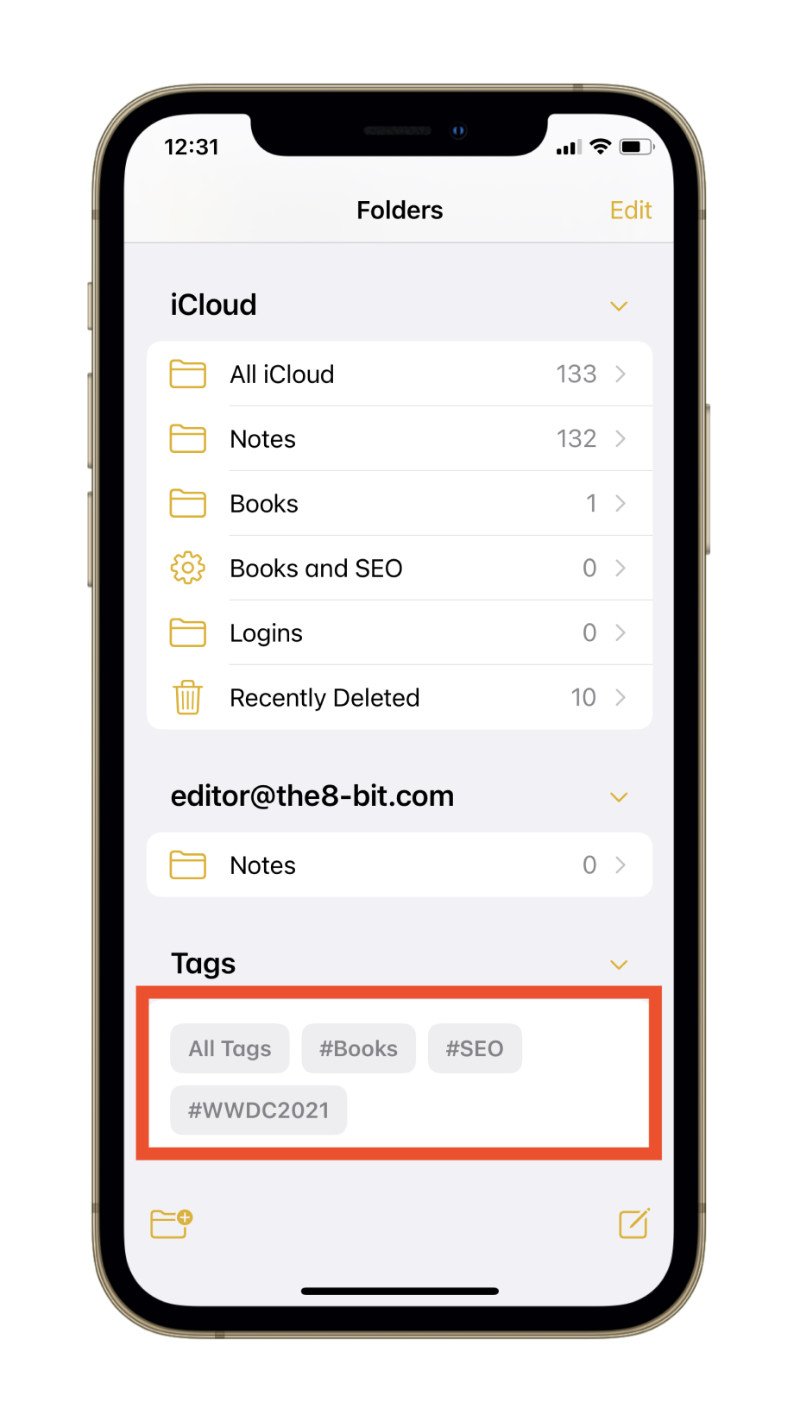 Tag Browser in the Notes app in iOS 15.