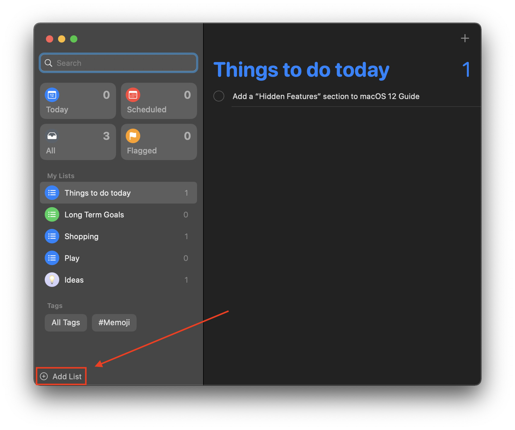 Add List Reminders app macOS Monterey
